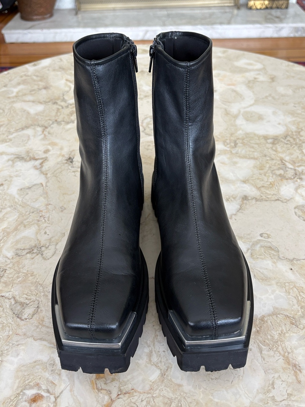 B2 “Devout” Black Leather Combat Boot Square Toe Silver Metal Tip Platform Boots - Picture 4 of 14